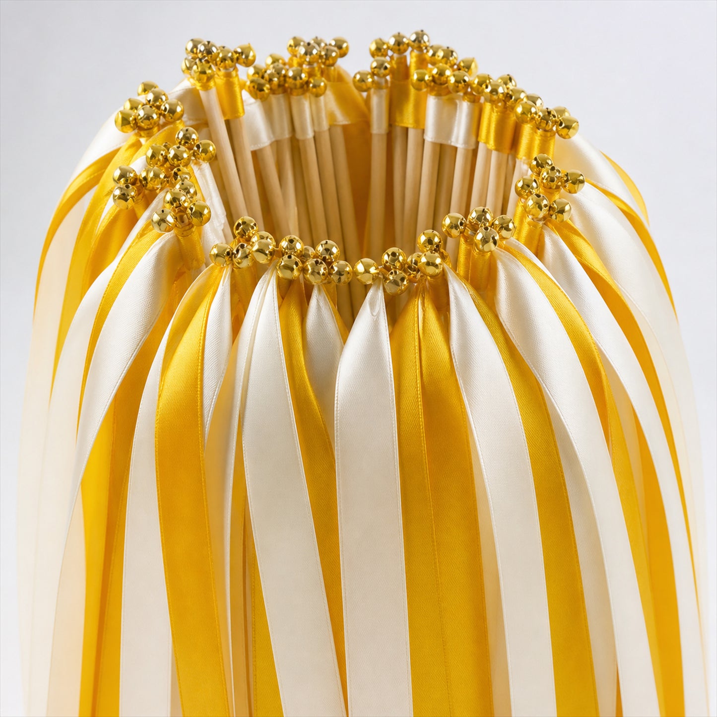 Handmade Golden Yellow & White Satin Ribbon Wedding Wands with Bell