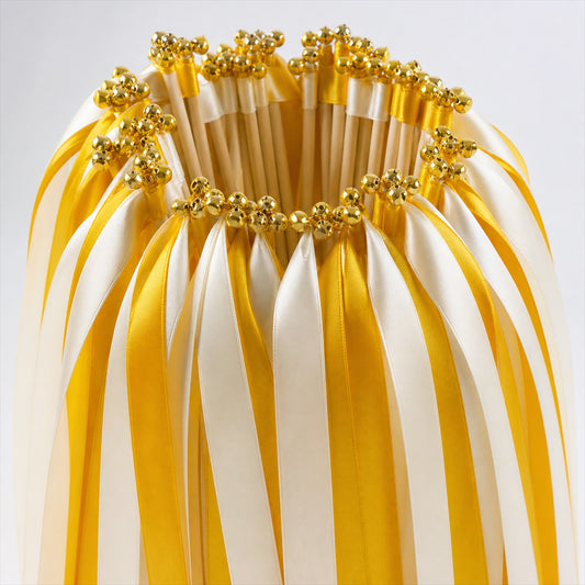 Handmade Golden Yellow & White Satin Ribbon Wedding Wands with Bell