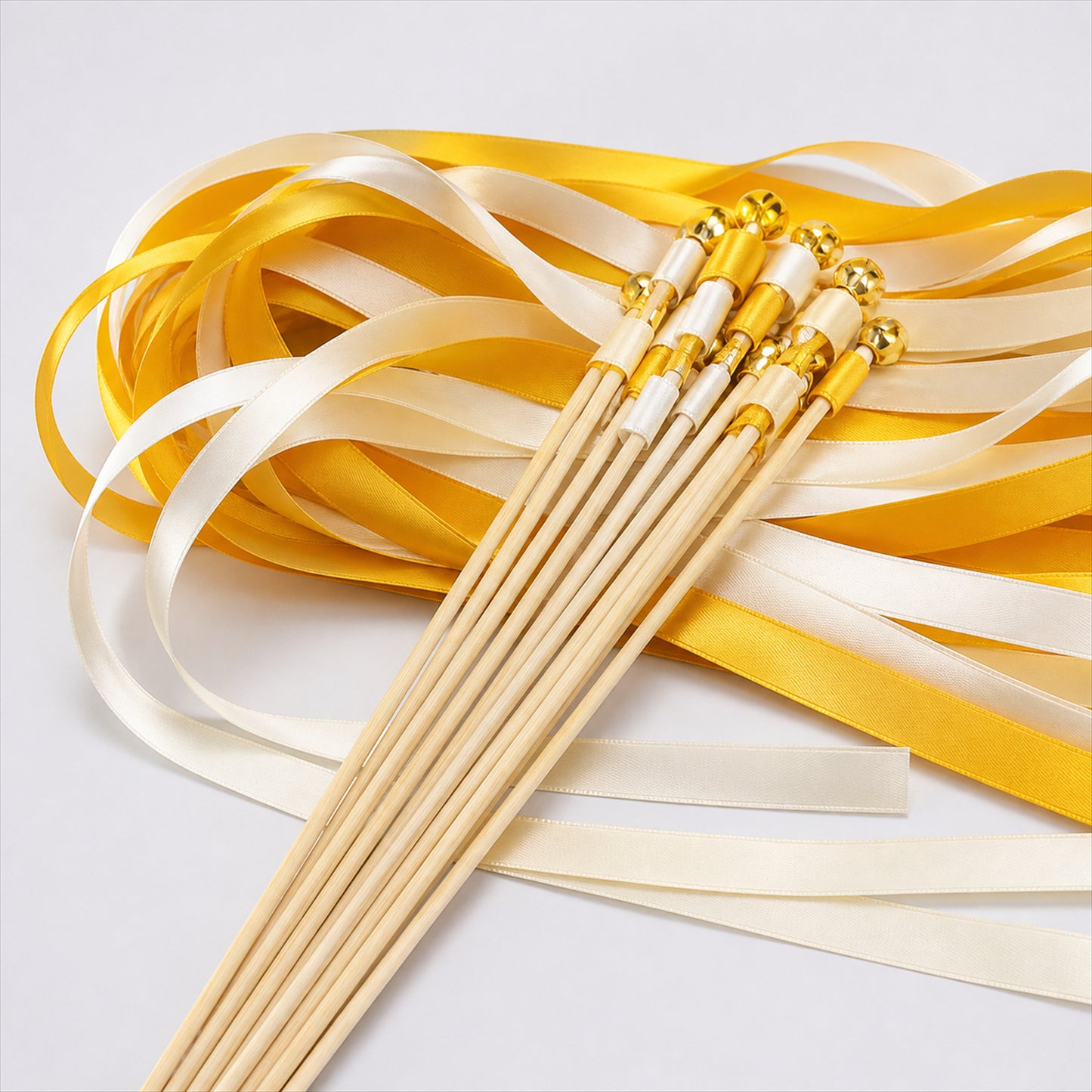 Handmade Golden Yellow & White Satin Ribbon Wedding Wands with Bell