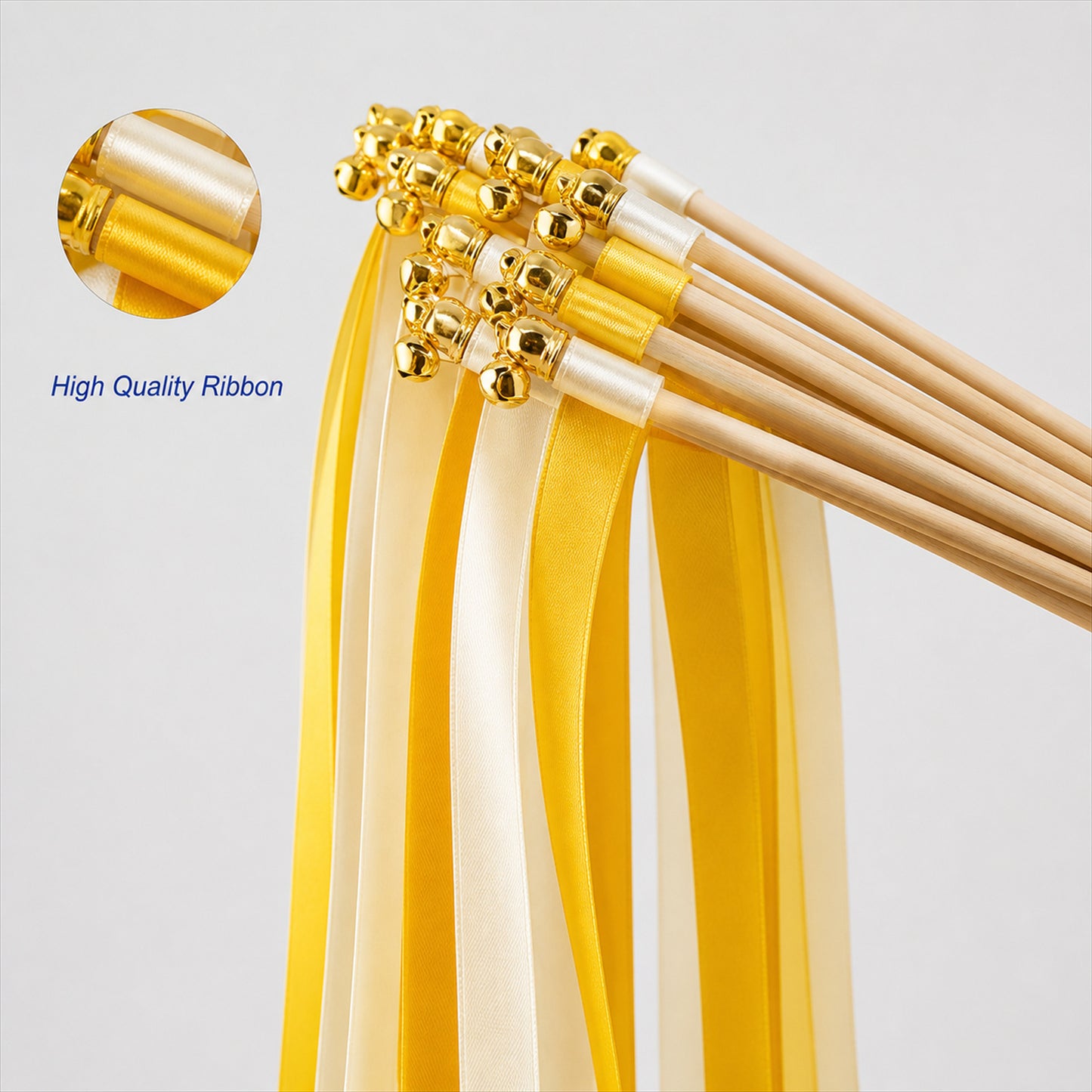 Handmade Golden Yellow & White Satin Ribbon Wedding Wands with Bell