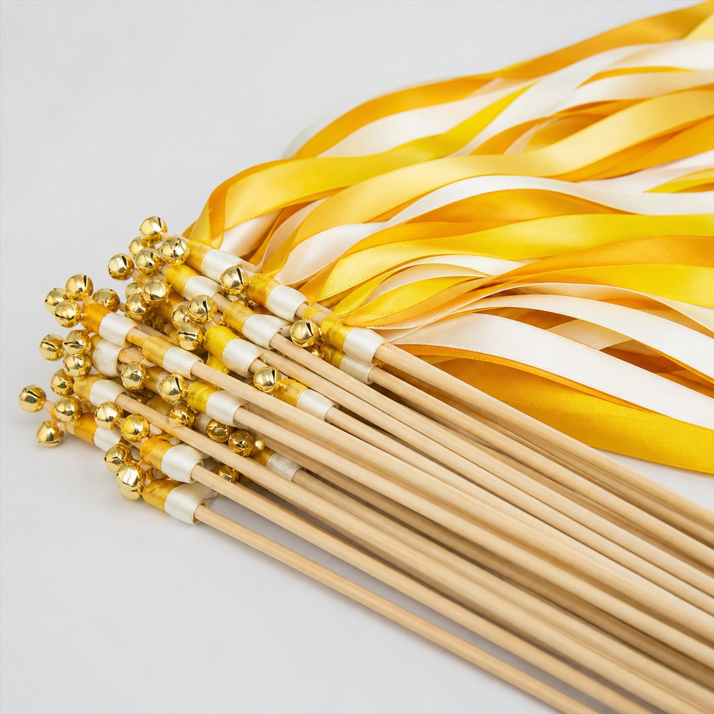Handmade Golden Yellow & White Satin Ribbon Wedding Wands with Bell