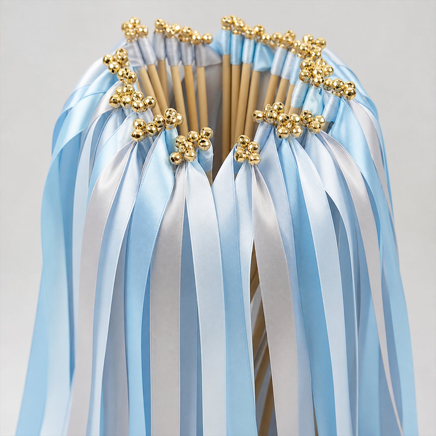 Handmade Light Blue, Silver Gray & White Satin Ribbon Wedding Wands with Bell