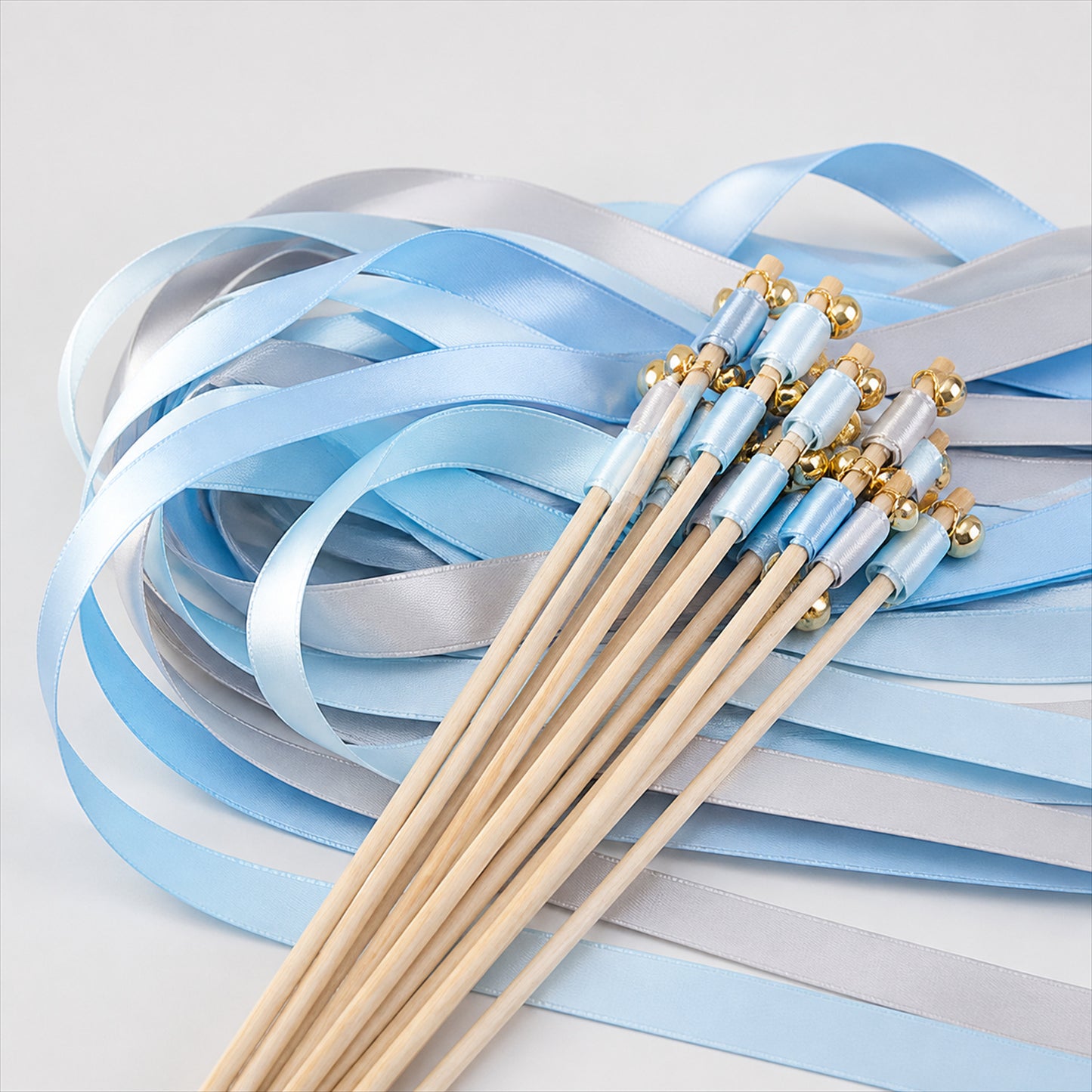 Handmade Light Blue, Silver Gray & White Satin Ribbon Wedding Wands with Bell