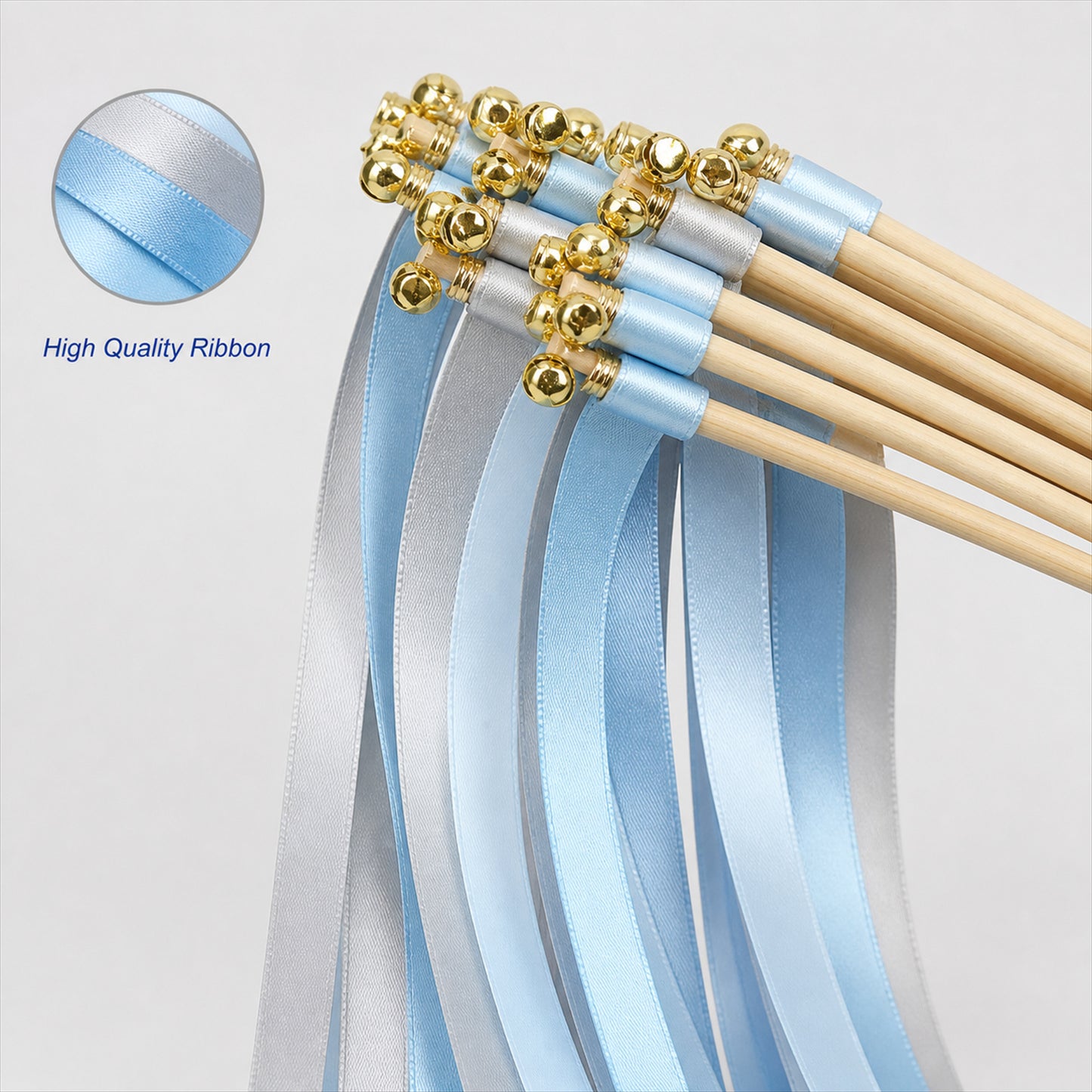 Handmade Light Blue, Silver Gray & White Satin Ribbon Wedding Wands with Bell