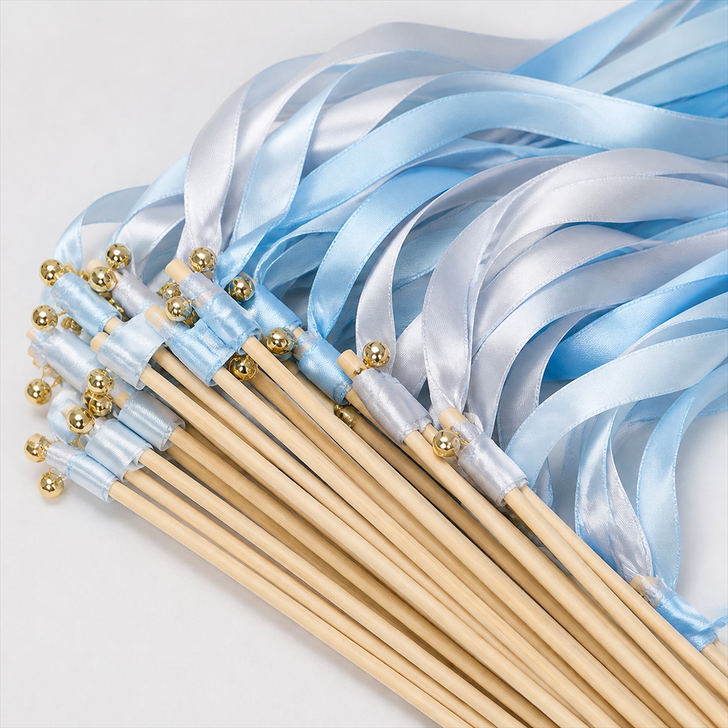 Handmade Light Blue, Silver Gray & White Satin Ribbon Wedding Wands with Bell