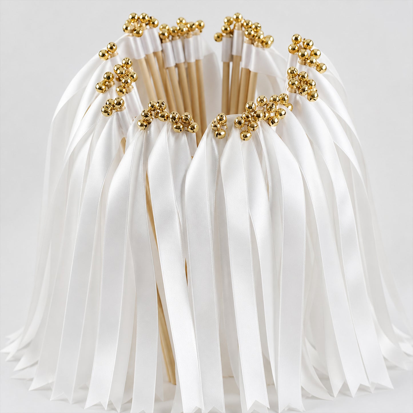 Handmade Pure White Satin Ribbon Wedding Wands with Bell