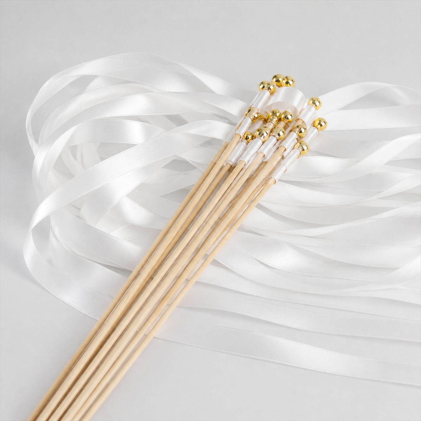 Handmade Pure White Satin Ribbon Wedding Wands with Bell