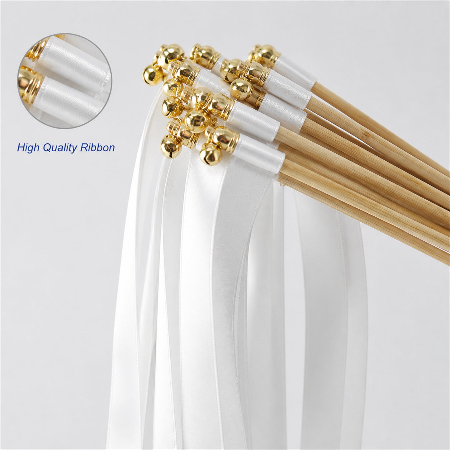 Handmade Pure White Satin Ribbon Wedding Wands with Bell