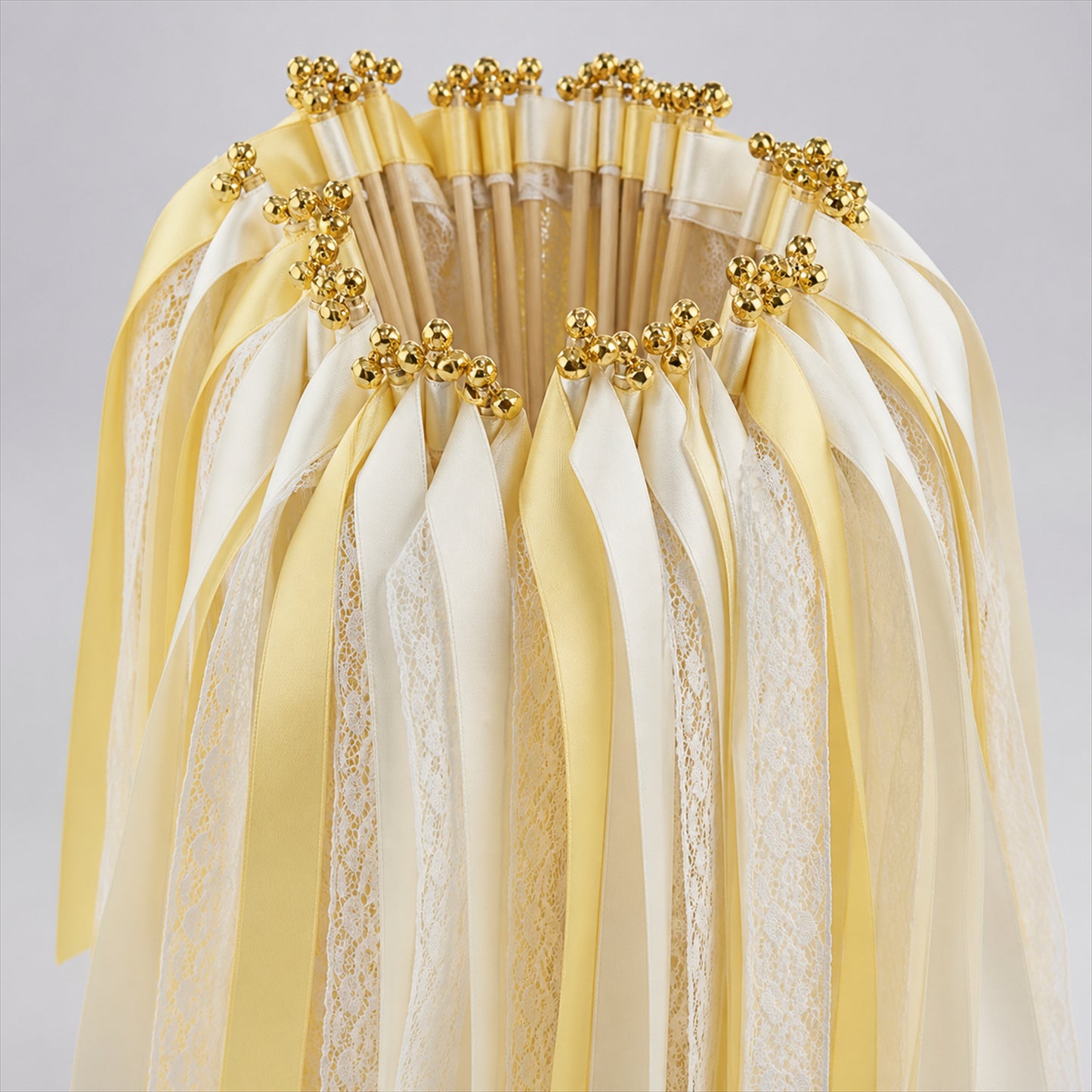 Handmade Butter Yellow & Ivory Satin & Lace Ribbon Wedding Wands with Bell