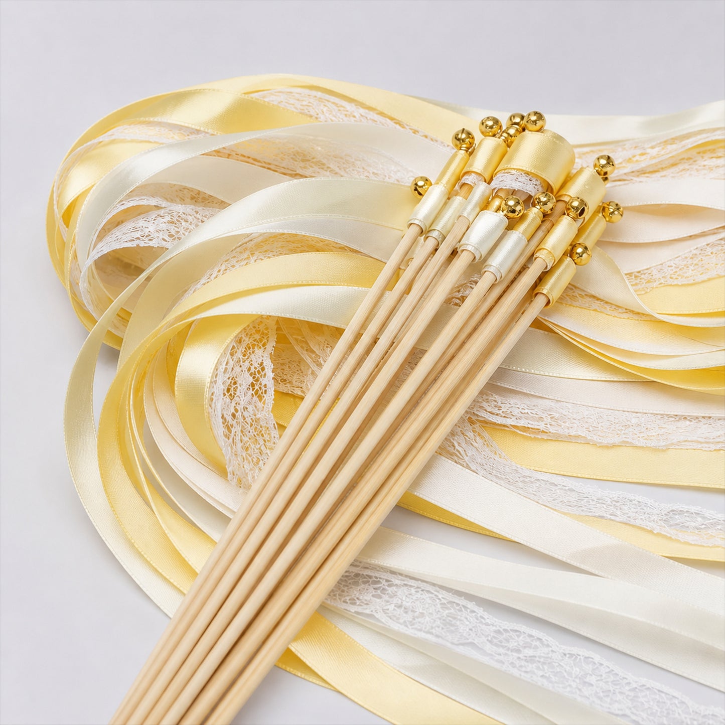 Handmade Butter Yellow & Ivory Satin & Lace Ribbon Wedding Wands with Bell