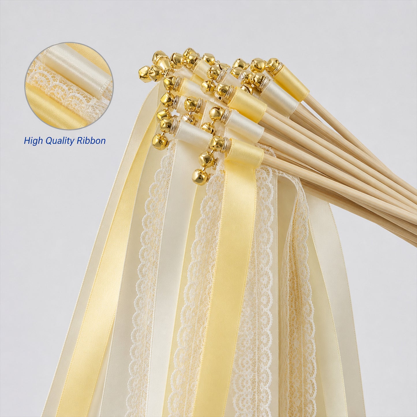 Handmade Butter Yellow & Ivory Satin & Lace Ribbon Wedding Wands with Bell