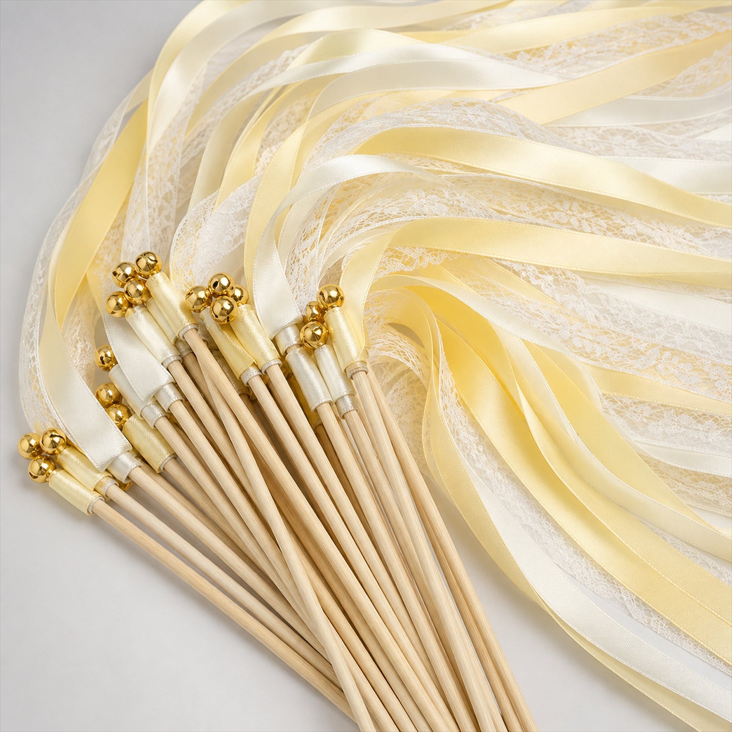 Handmade Butter Yellow & Ivory Satin & Lace Ribbon Wedding Wands with Bell