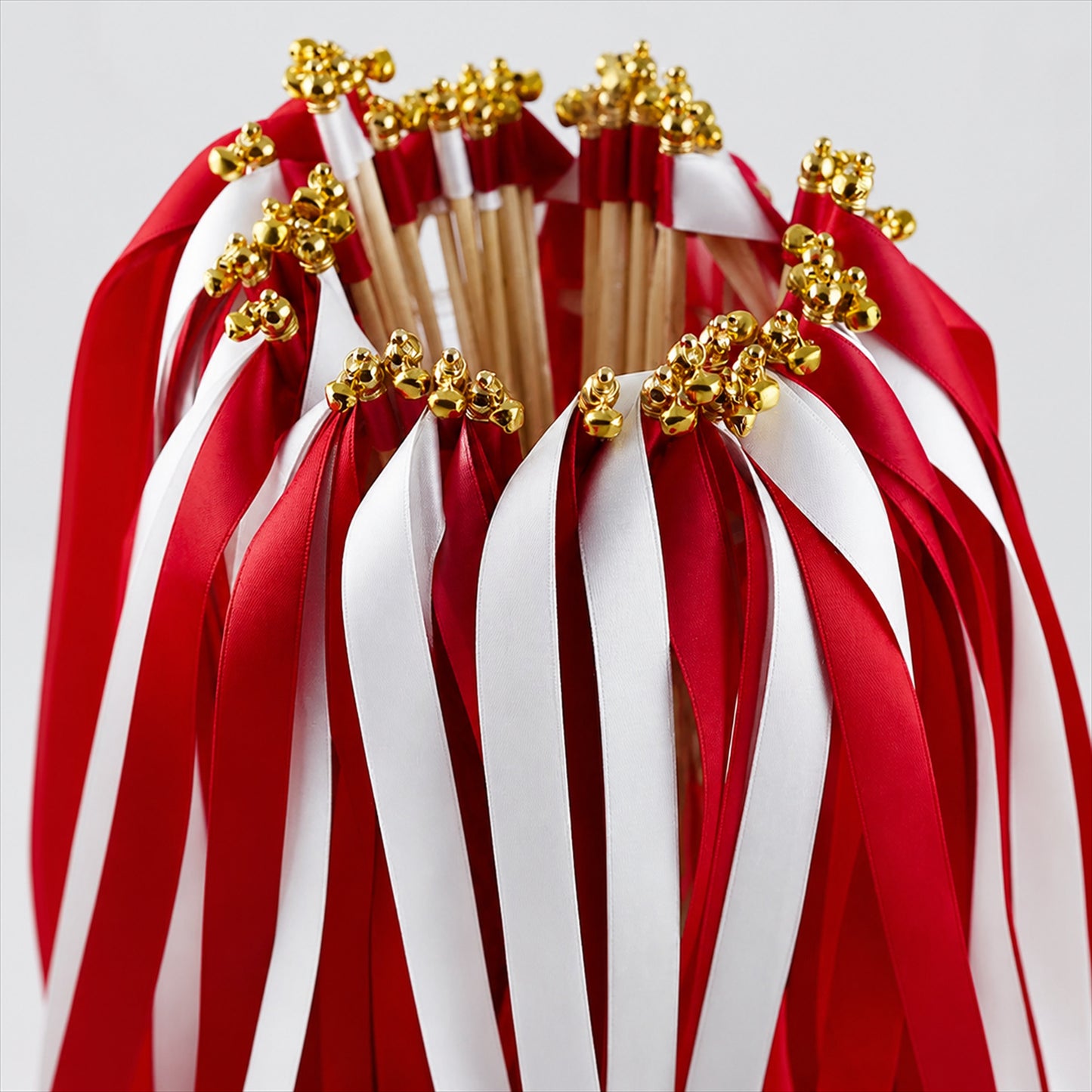 Handmade Red & White Satin Ribbon Wedding Wands with Bell