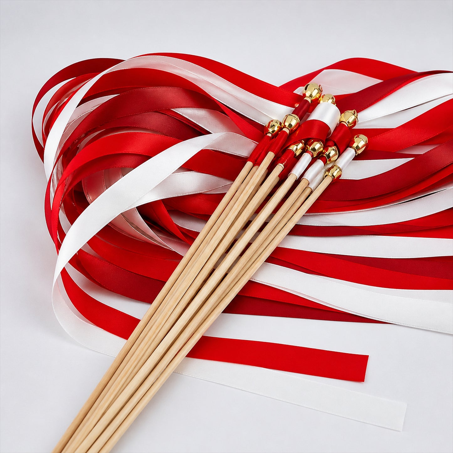 Handmade Red & White Satin Ribbon Wedding Wands with Bell