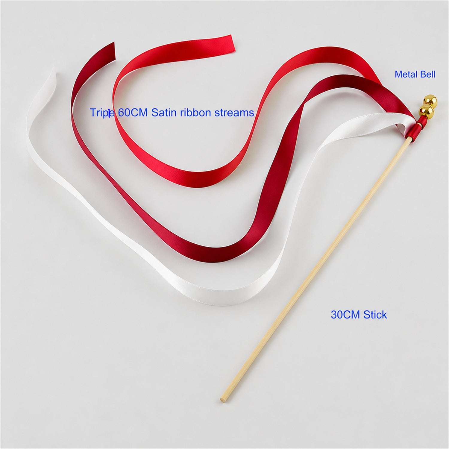 A 30CM wooden stick with a gold metal bell and a red satin ribbon tip, shown with two long white and red satin ribbon streams on a light gray background with blue text labels.