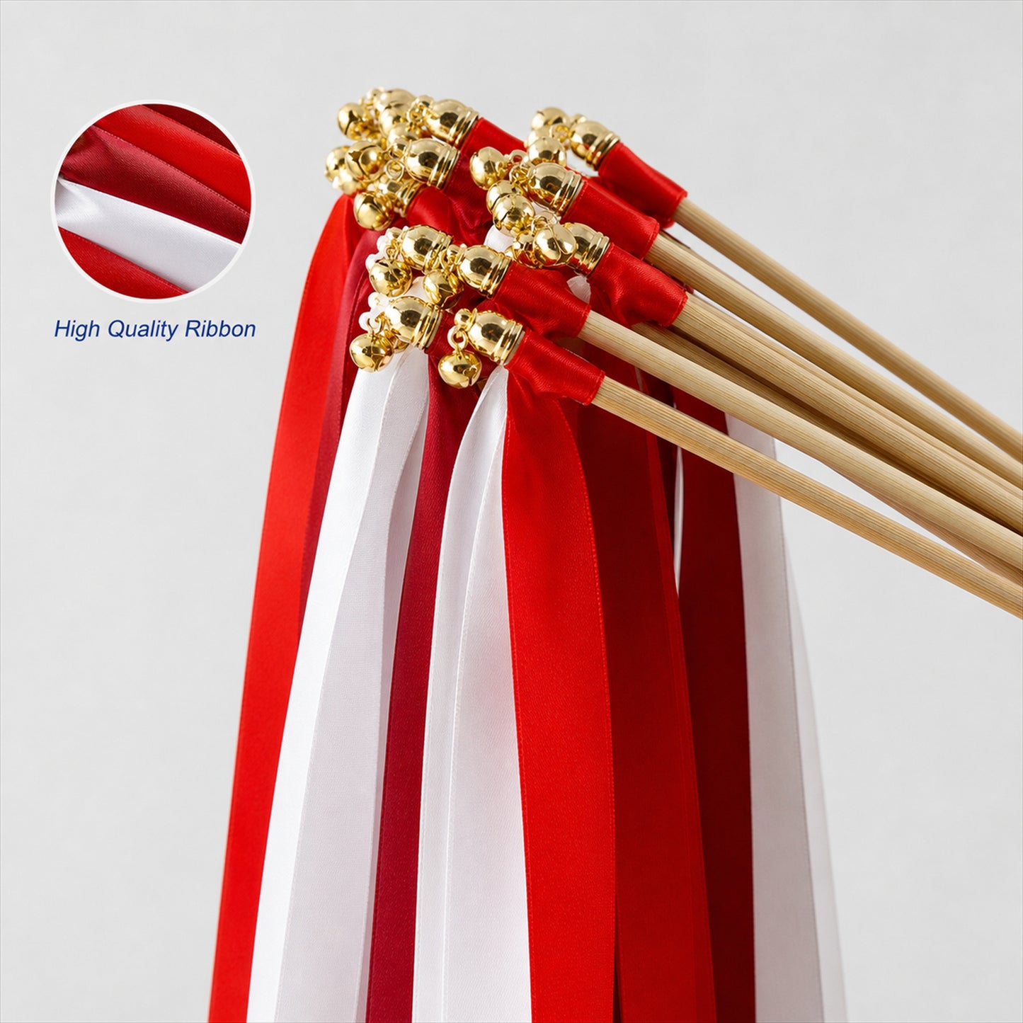 Handmade Red & White Satin Ribbon Wedding Wands with Bell