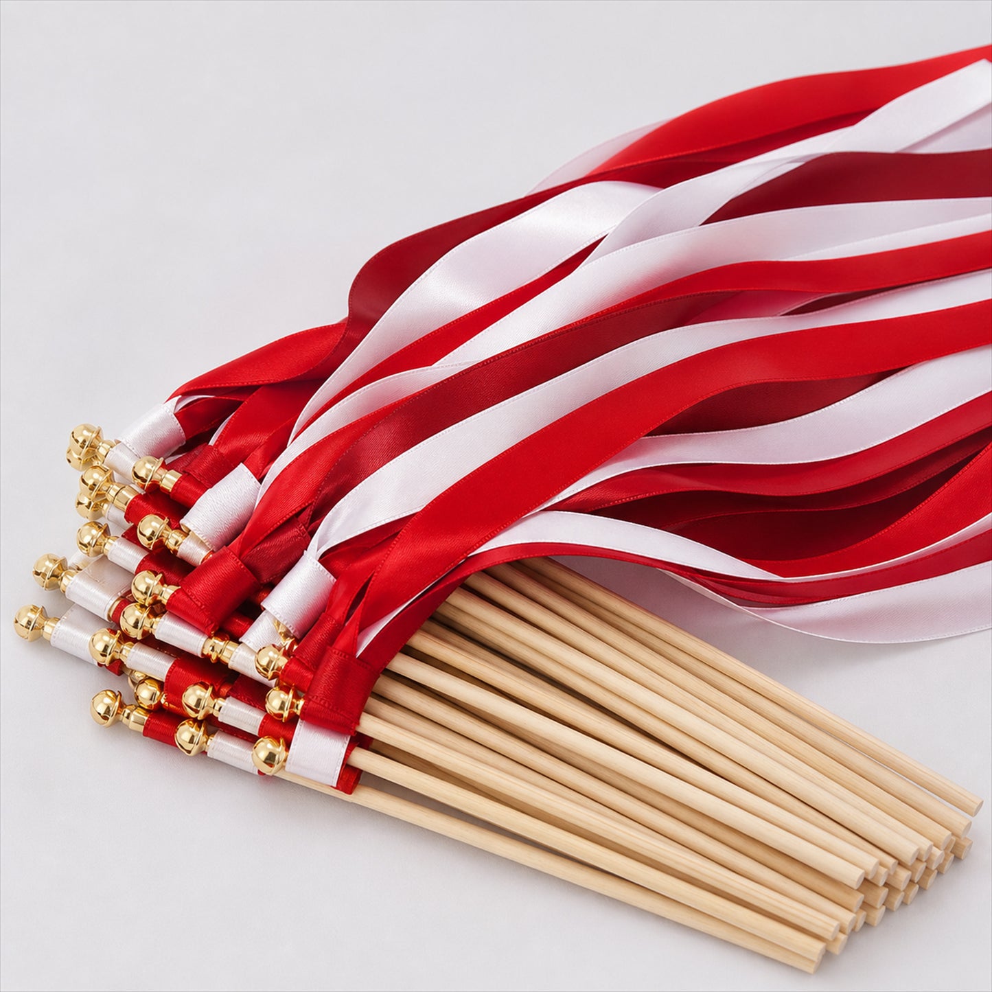 Handmade Red & White Satin Ribbon Wedding Wands with Bell