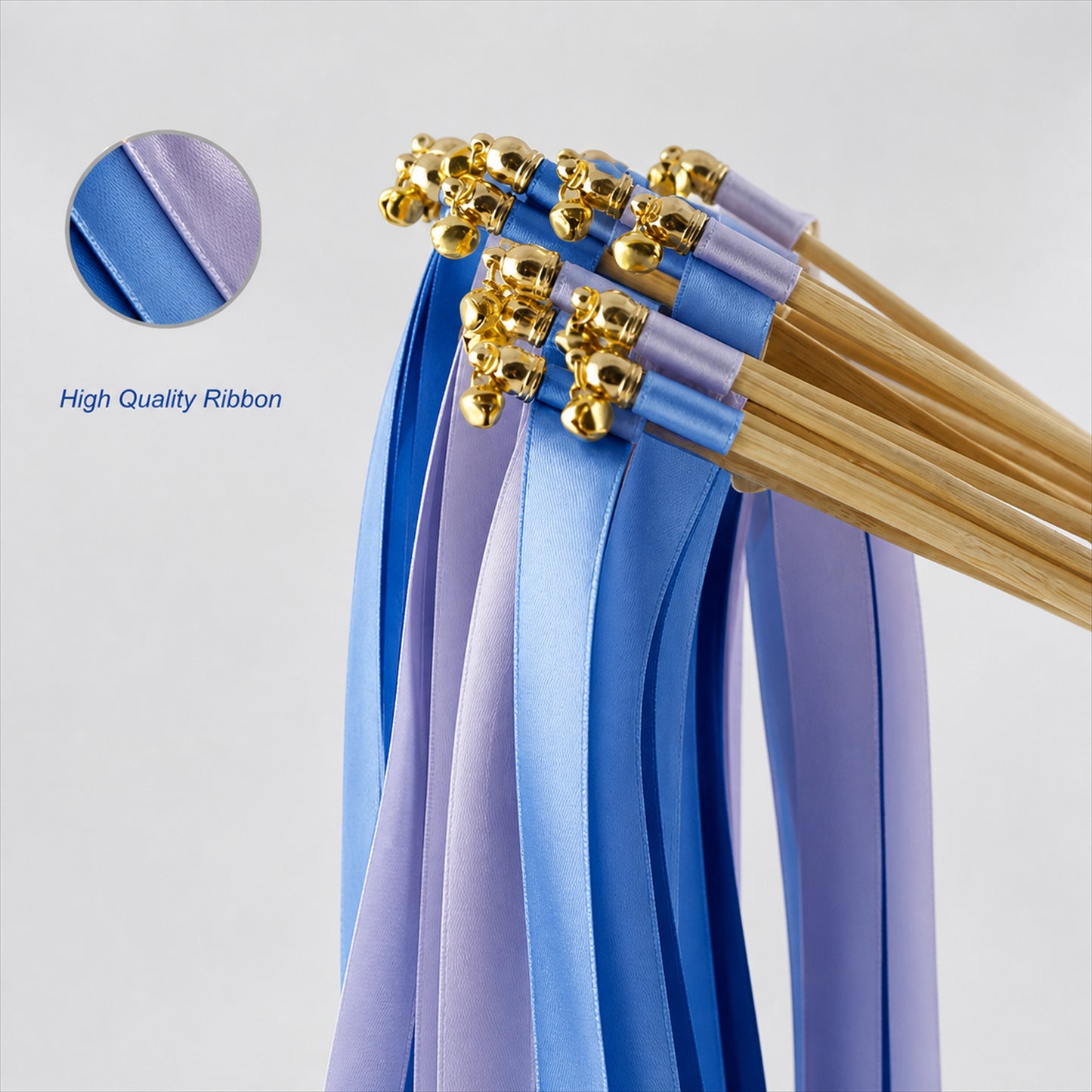 Handmade Royal Blue & Periwinkle Satin Ribbon Wedding Wands with Bell