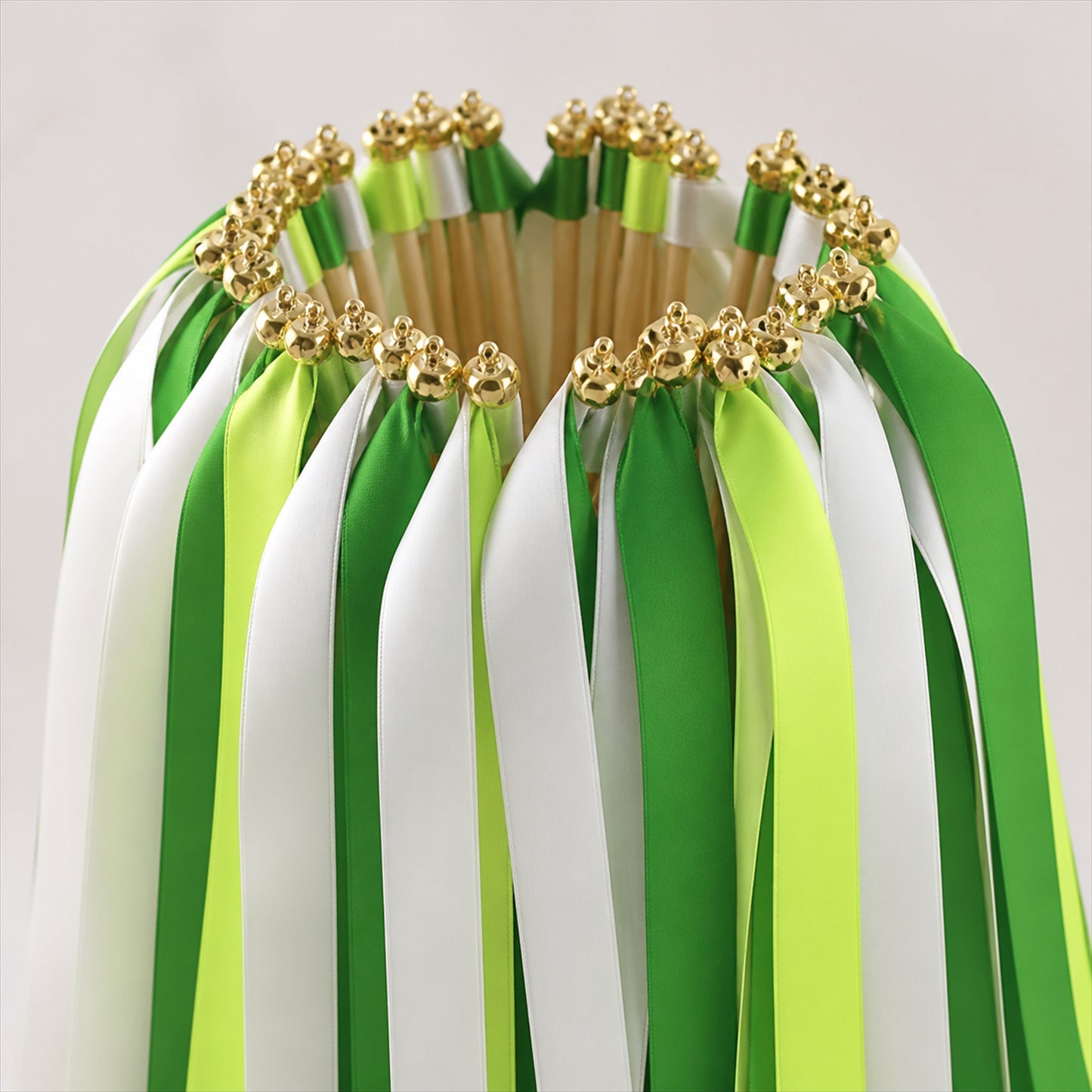 Handmade Emerald, Lime & White Satin Ribbon Wedding Wands with Bell