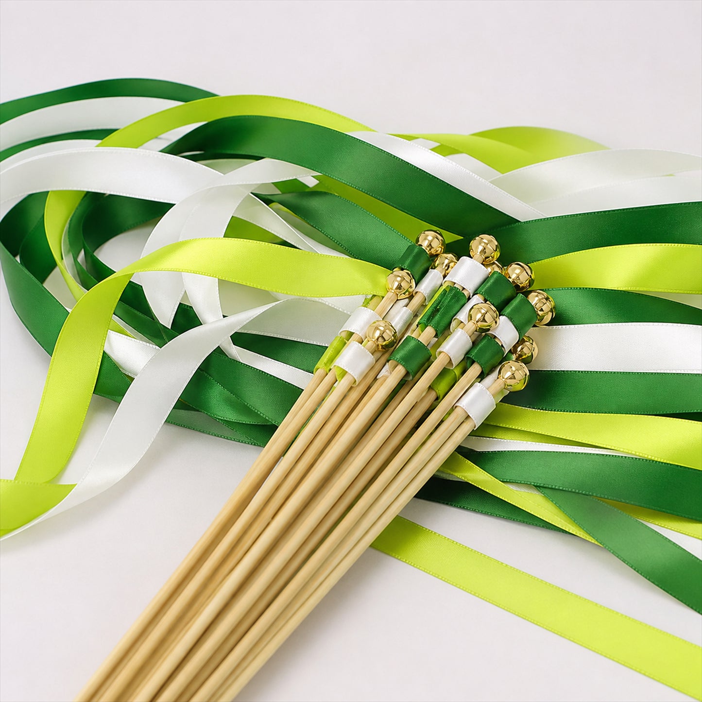 Handmade Emerald, Lime & White Satin Ribbon Wedding Wands with Bell