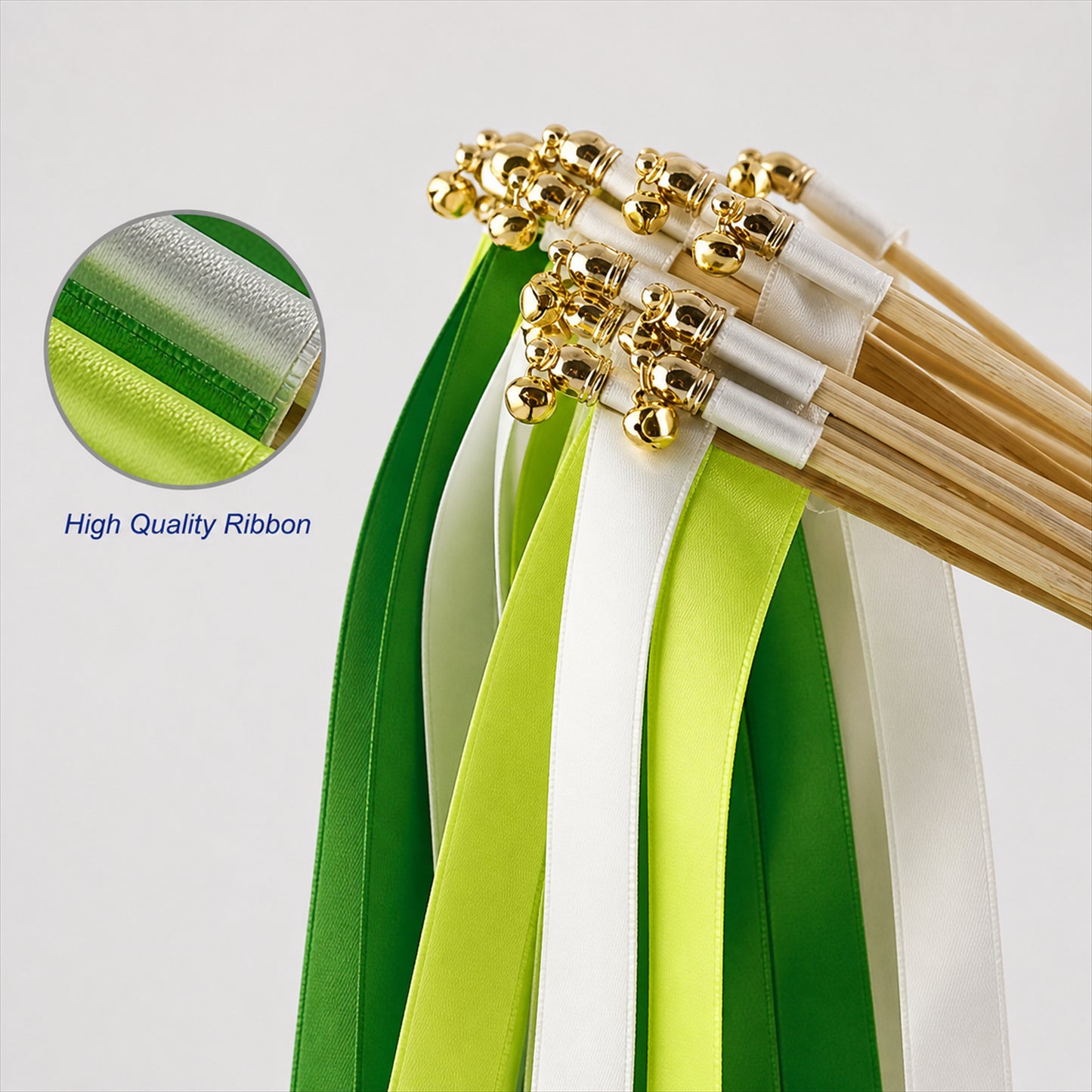 Handmade Emerald, Lime & White Satin Ribbon Wedding Wands with Bell