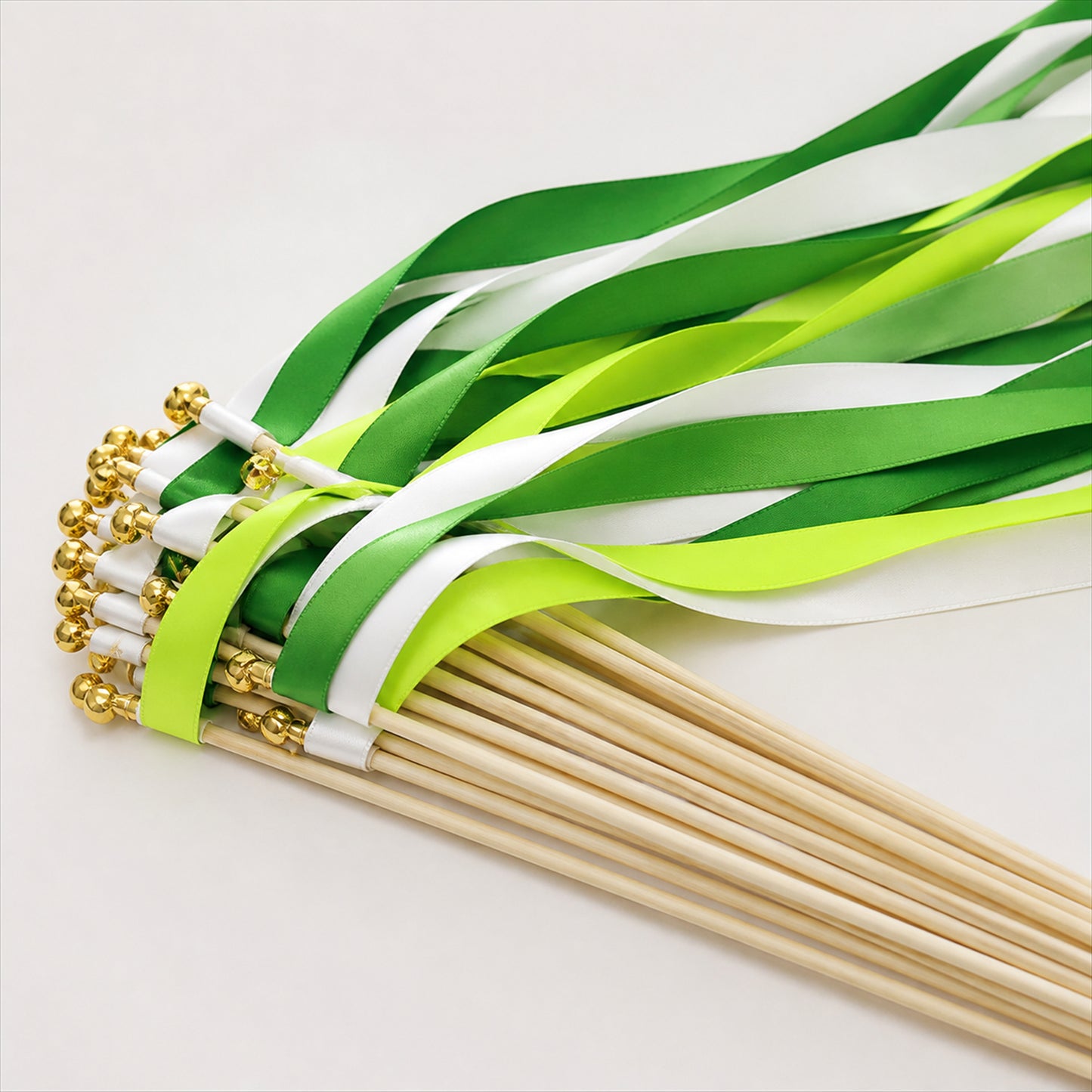 Handmade Emerald, Lime & White Satin Ribbon Wedding Wands with Bell