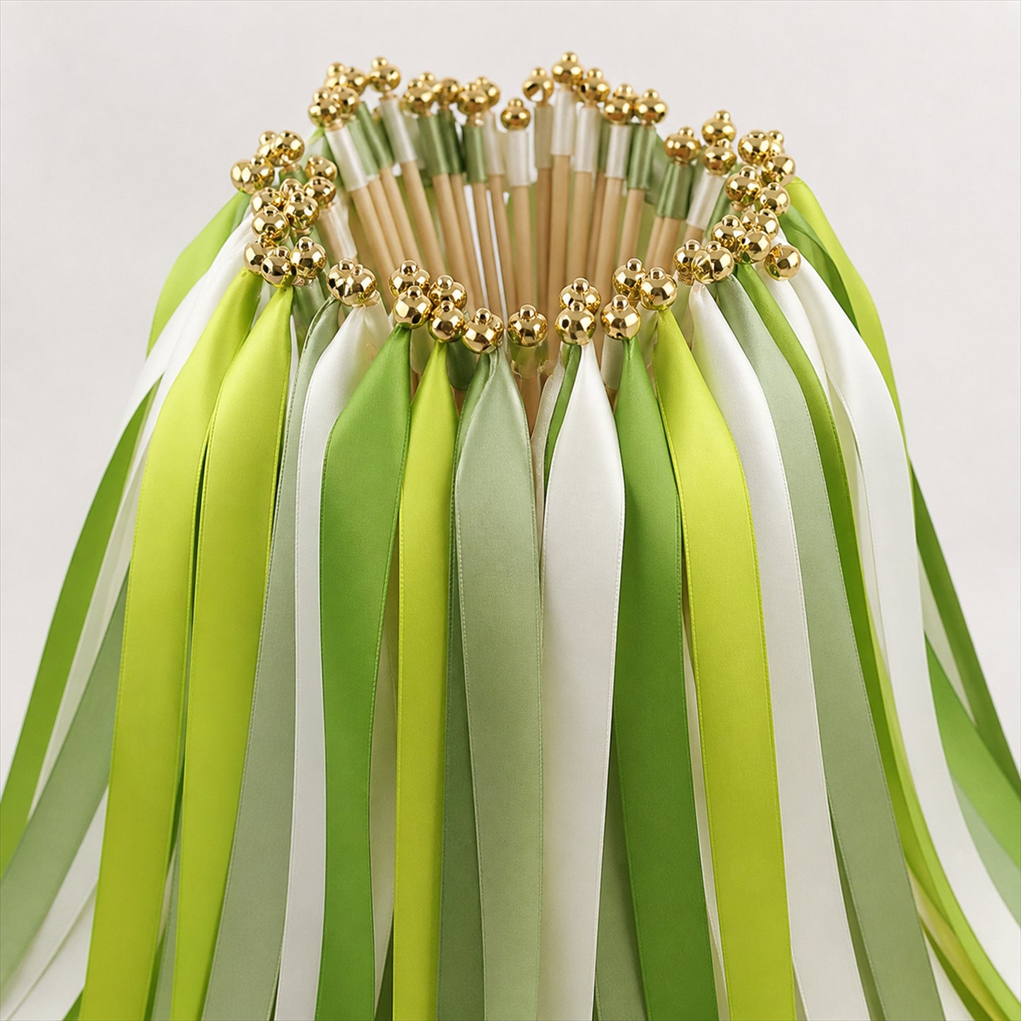 Handmade Lime, Leaf Green, Sage & Ivory Satin Ribbon Wedding Wands with Bell