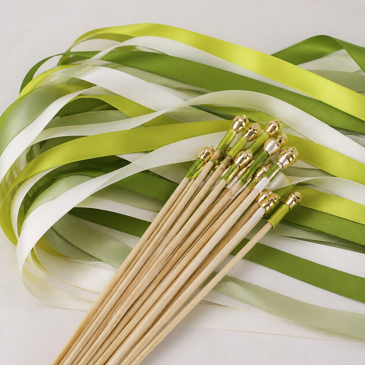 Handmade Lime, Leaf Green, Sage & Ivory Satin Ribbon Wedding Wands with Bell