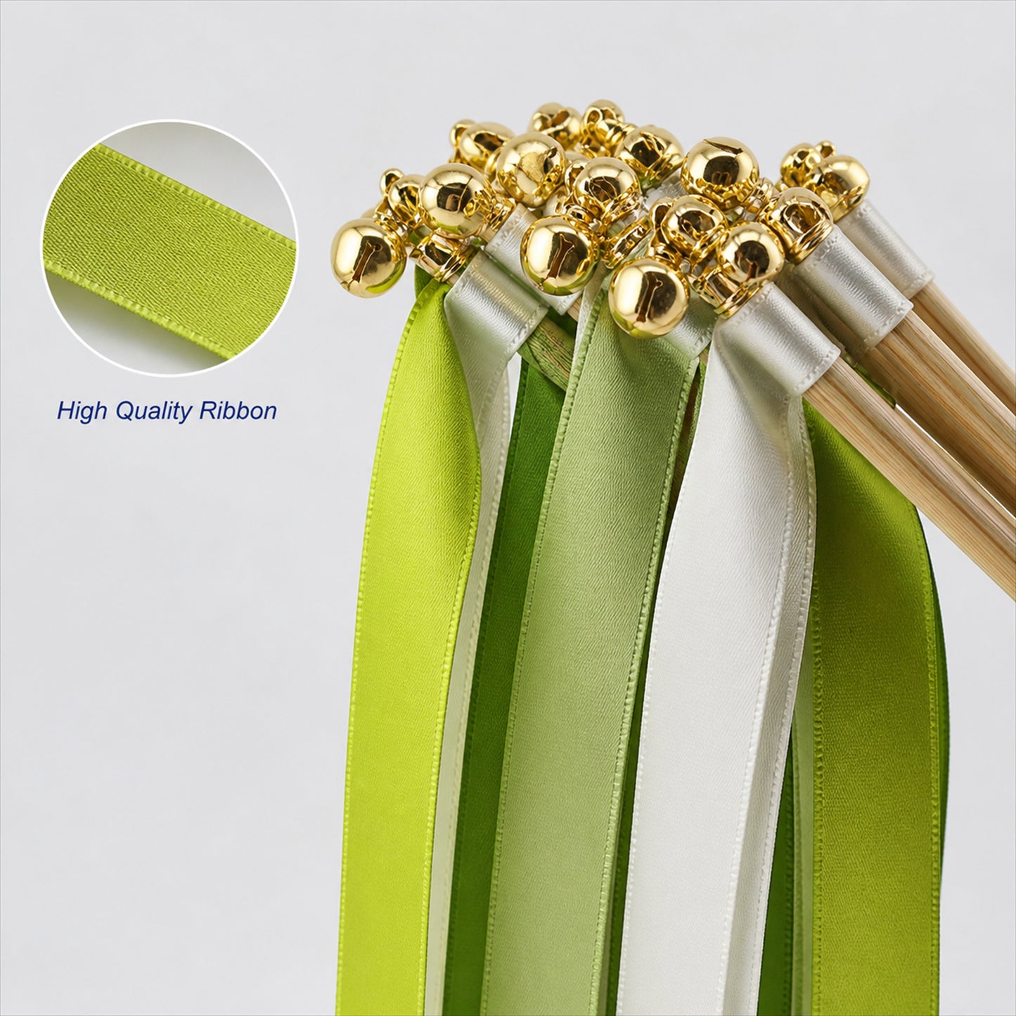Handmade Lime, Leaf Green, Sage & Ivory Satin Ribbon Wedding Wands with Bell