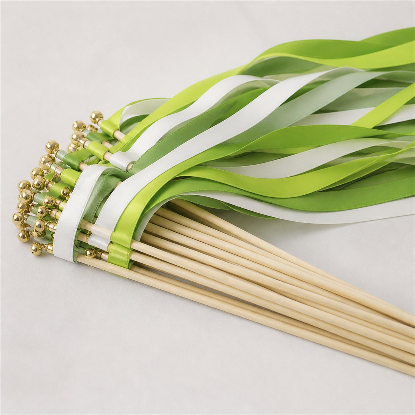 Handmade Lime, Leaf Green, Sage & Ivory Satin Ribbon Wedding Wands with Bell