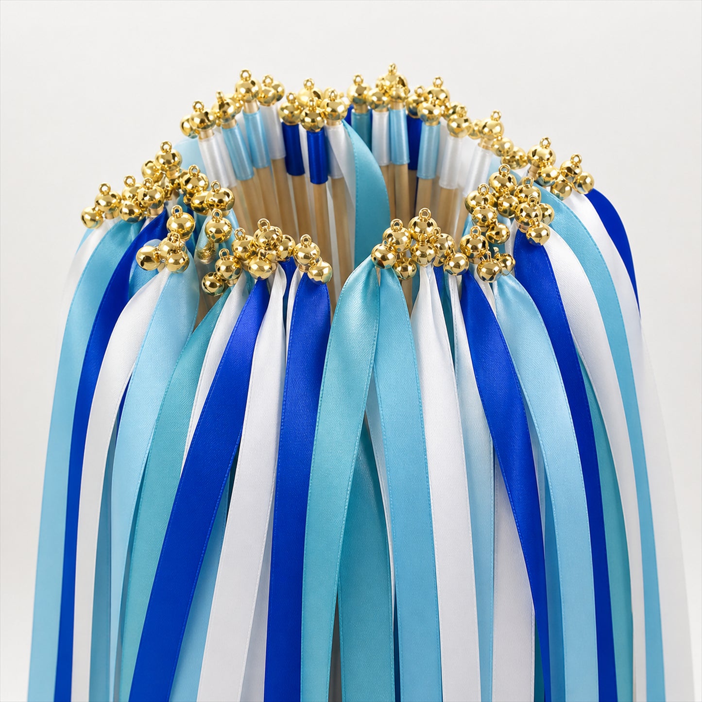 Handmade Aqua, Sky Blue, Royal Blue & White Satin Ribbon Wedding Wands with Bell