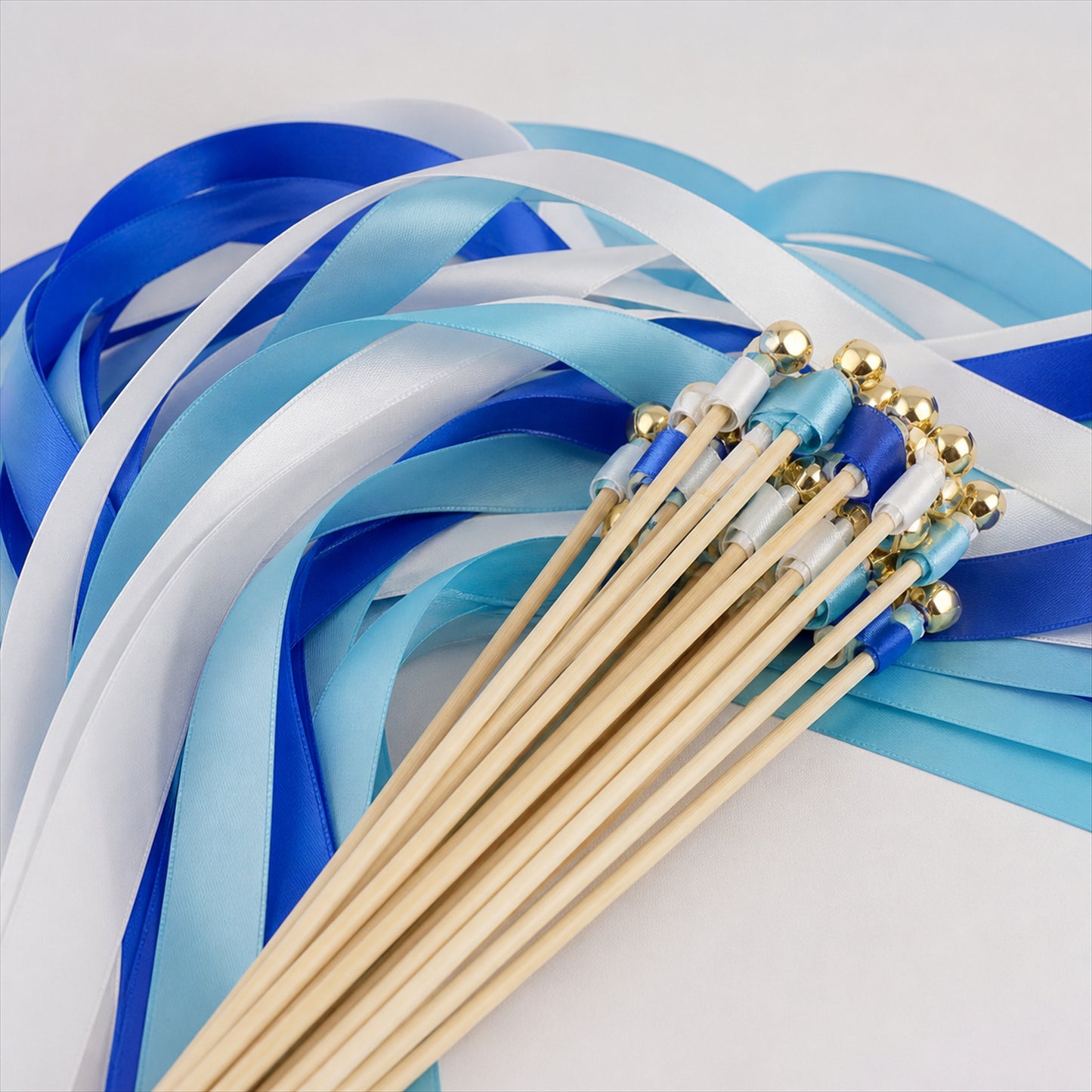 Handmade Aqua, Sky Blue, Royal Blue & White Satin Ribbon Wedding Wands with Bell