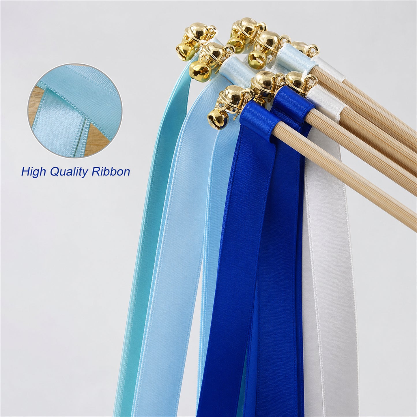 Handmade Aqua, Sky Blue, Royal Blue & White Satin Ribbon Wedding Wands with Bell