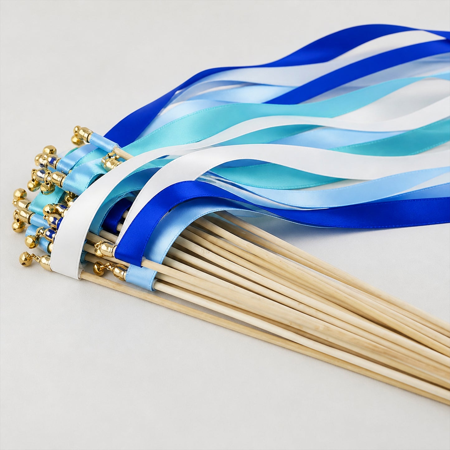 Handmade Aqua, Sky Blue, Royal Blue & White Satin Ribbon Wedding Wands with Bell