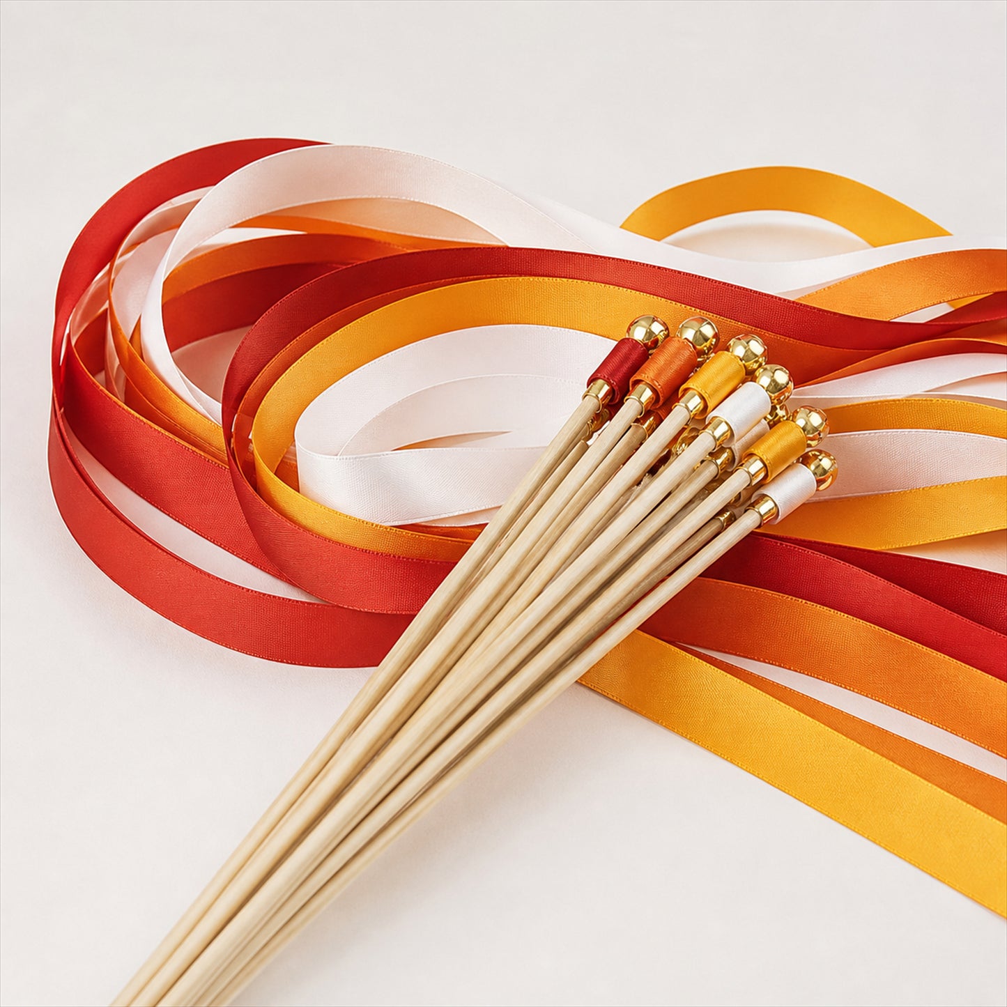 Handmade Brick Red, Orange & Ivory Satin Ribbon Wedding Wands with Bell