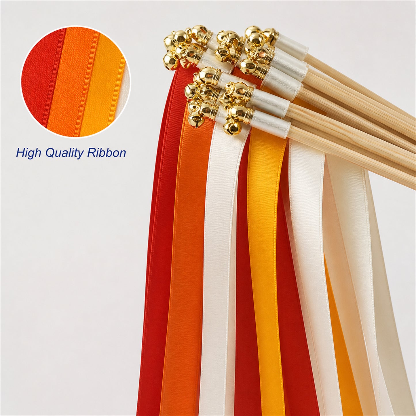 Handmade Brick Red, Orange & Ivory Satin Ribbon Wedding Wands with Bell