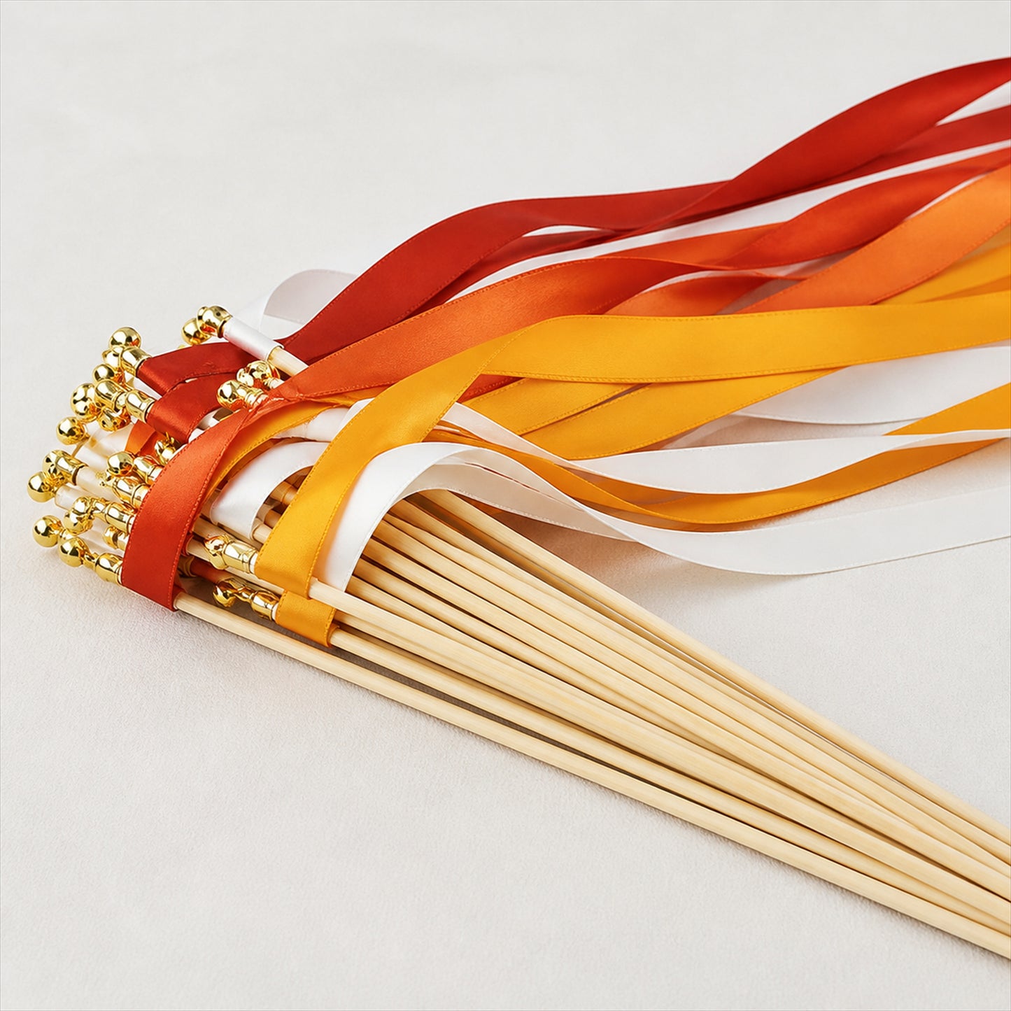 Handmade Brick Red, Orange & Ivory Satin Ribbon Wedding Wands with Bell