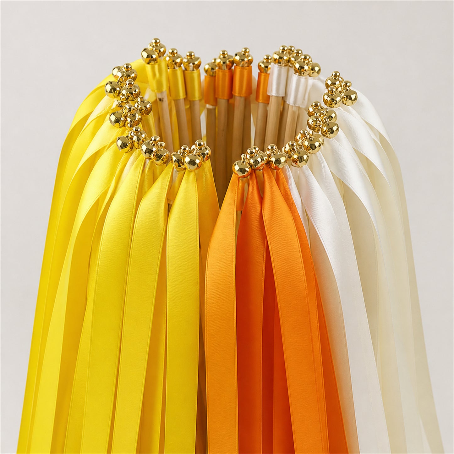 Handmade Lemon Yellow, Orange & Ivory Satin Ribbon Wedding Wands with Bell