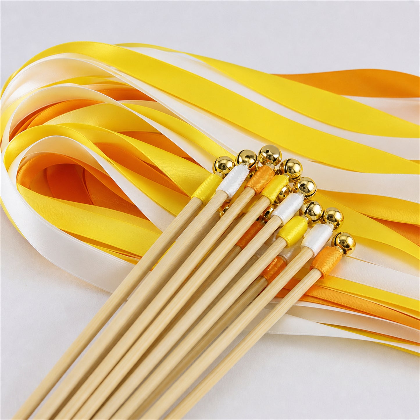 Handmade Lemon Yellow, Orange & Ivory Satin Ribbon Wedding Wands with Bell