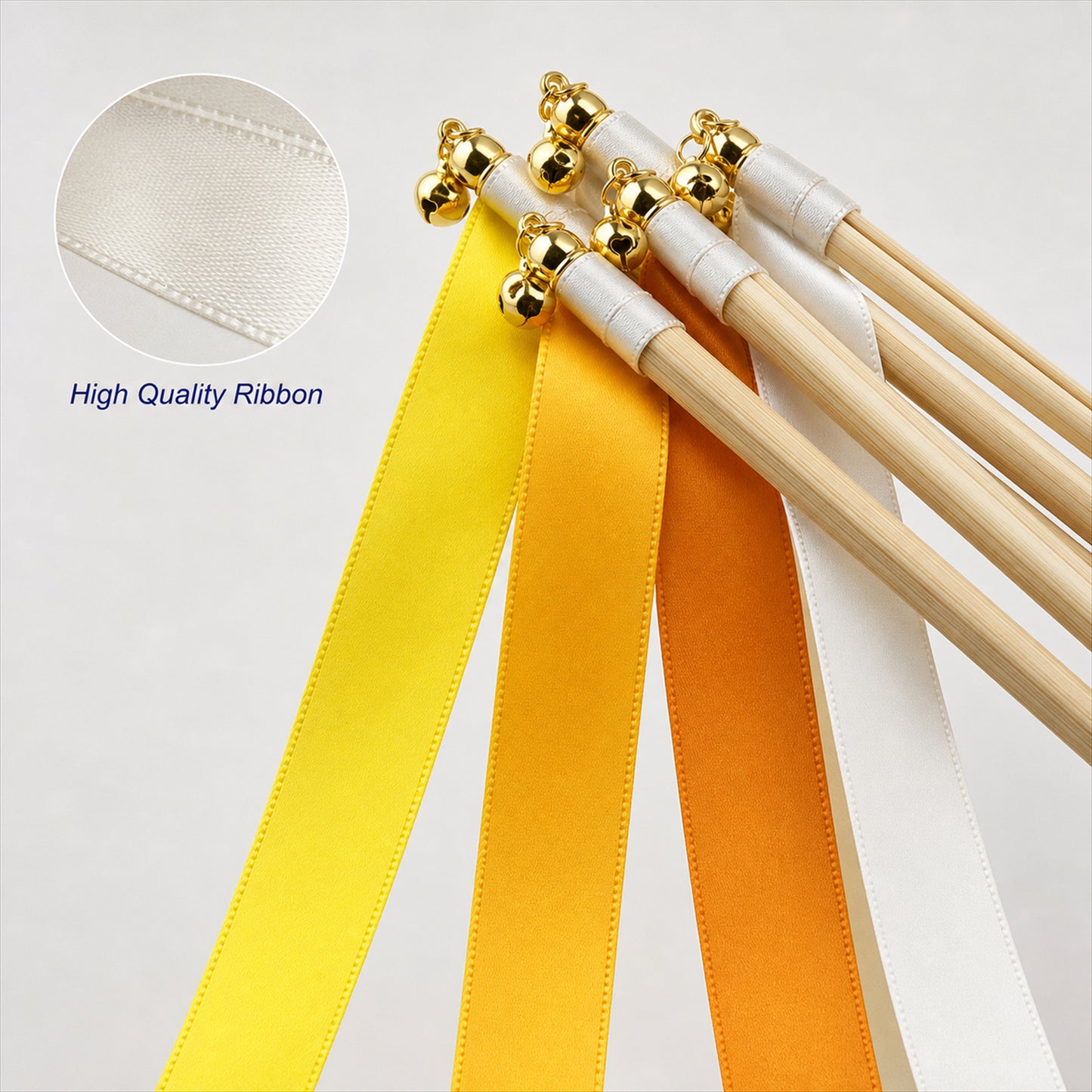 Handmade Lemon Yellow, Orange & Ivory Satin Ribbon Wedding Wands with Bell