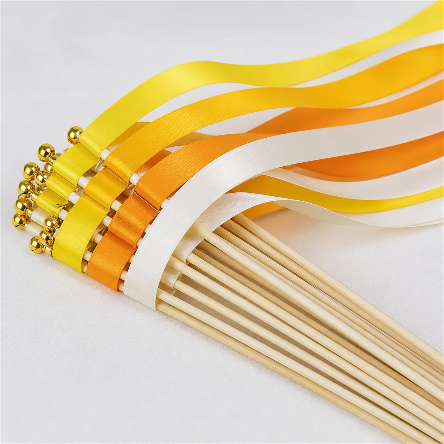 Handmade Lemon Yellow, Orange & Ivory Satin Ribbon Wedding Wands with Bell