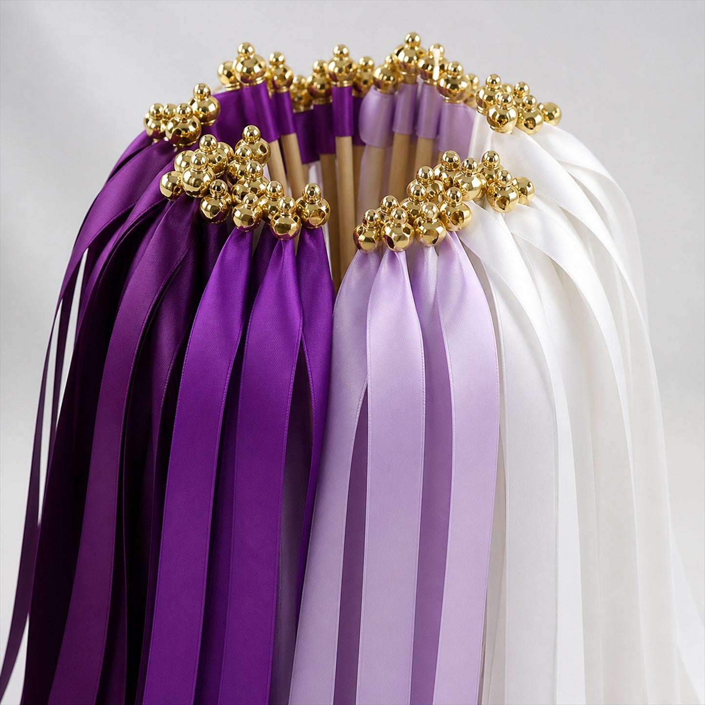 Handmade Plum, Purple, Lavender & White Satin Ribbon Wedding Wands with Bell