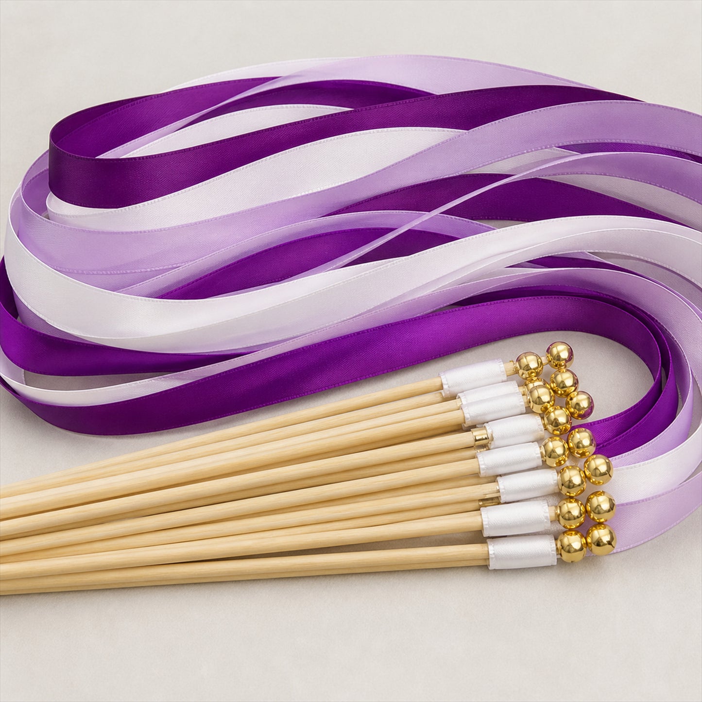 Handmade Plum, Purple, Lavender & White Satin Ribbon Wedding Wands with Bell