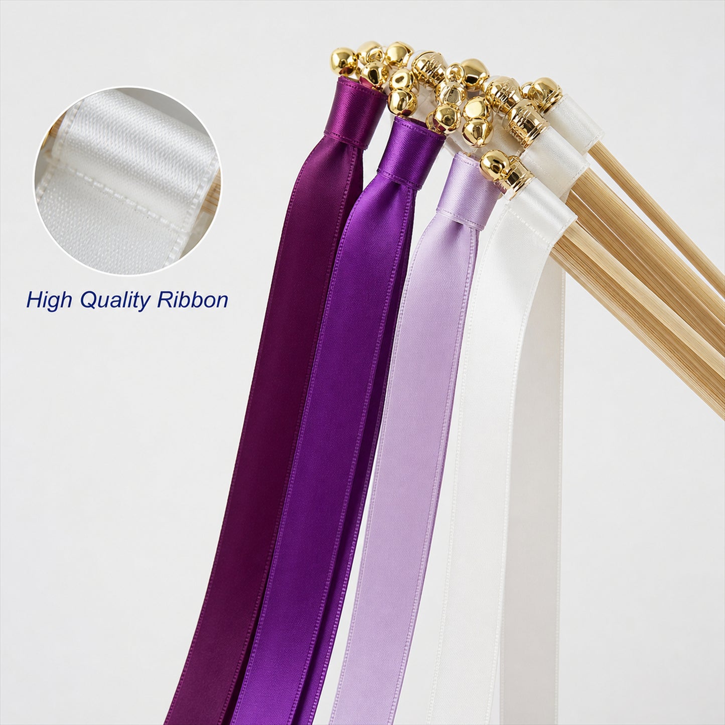 Handmade Plum, Purple, Lavender & White Satin Ribbon Wedding Wands with Bell