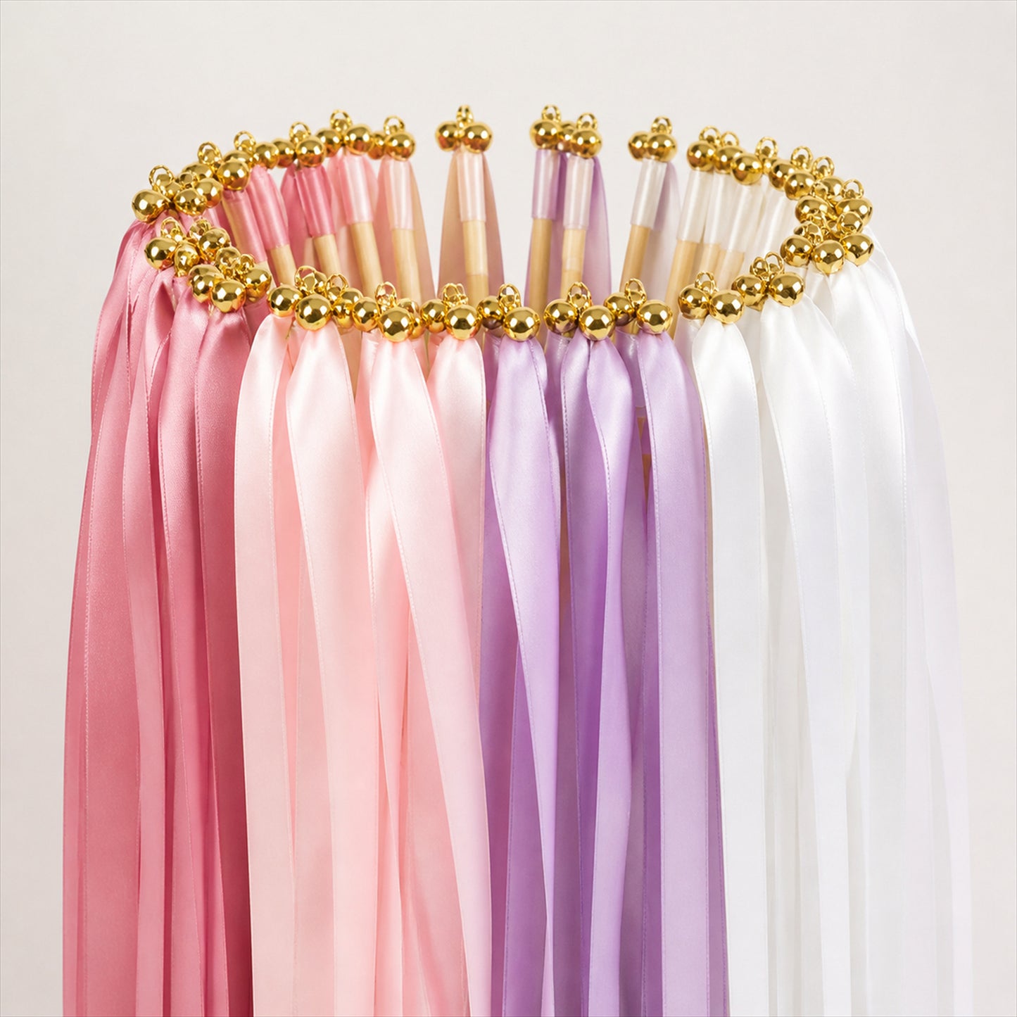 Handmade Blush Pink, Lilac & White Satin Ribbon Wedding Wands with Bell
