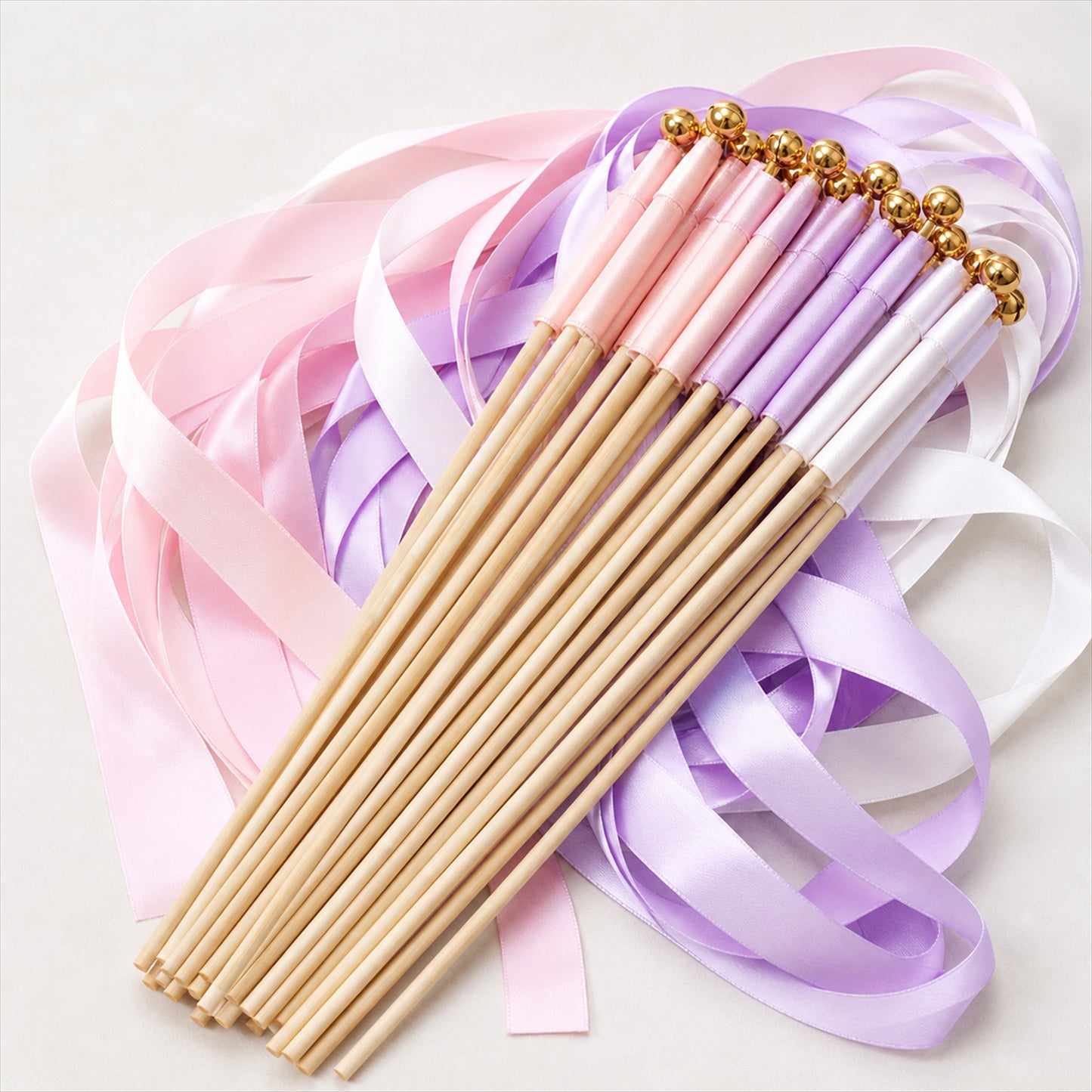 Handmade Blush Pink, Lilac & White Satin Ribbon Wedding Wands with Bell
