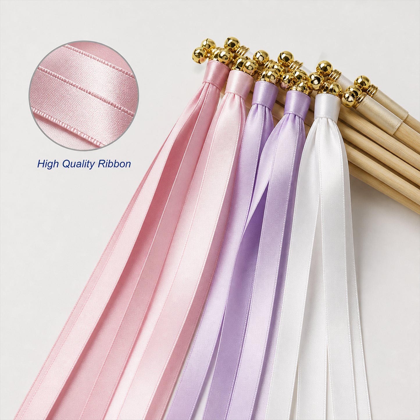 Handmade Blush Pink, Lilac & White Satin Ribbon Wedding Wands with Bell