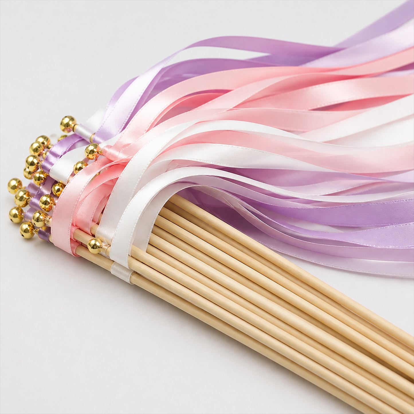 Handmade Blush Pink, Lilac & White Satin Ribbon Wedding Wands with Bell