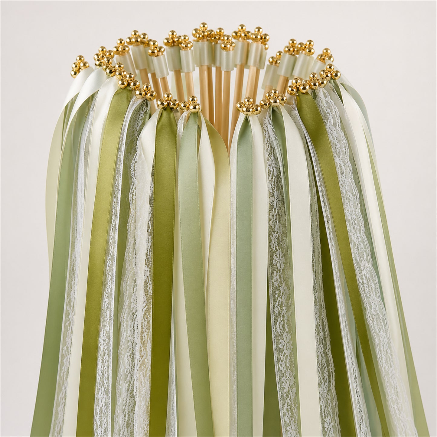 Handmade Olive, Sage, Ivory & White Satin & Lace Ribbon Wedding Wands with Bell