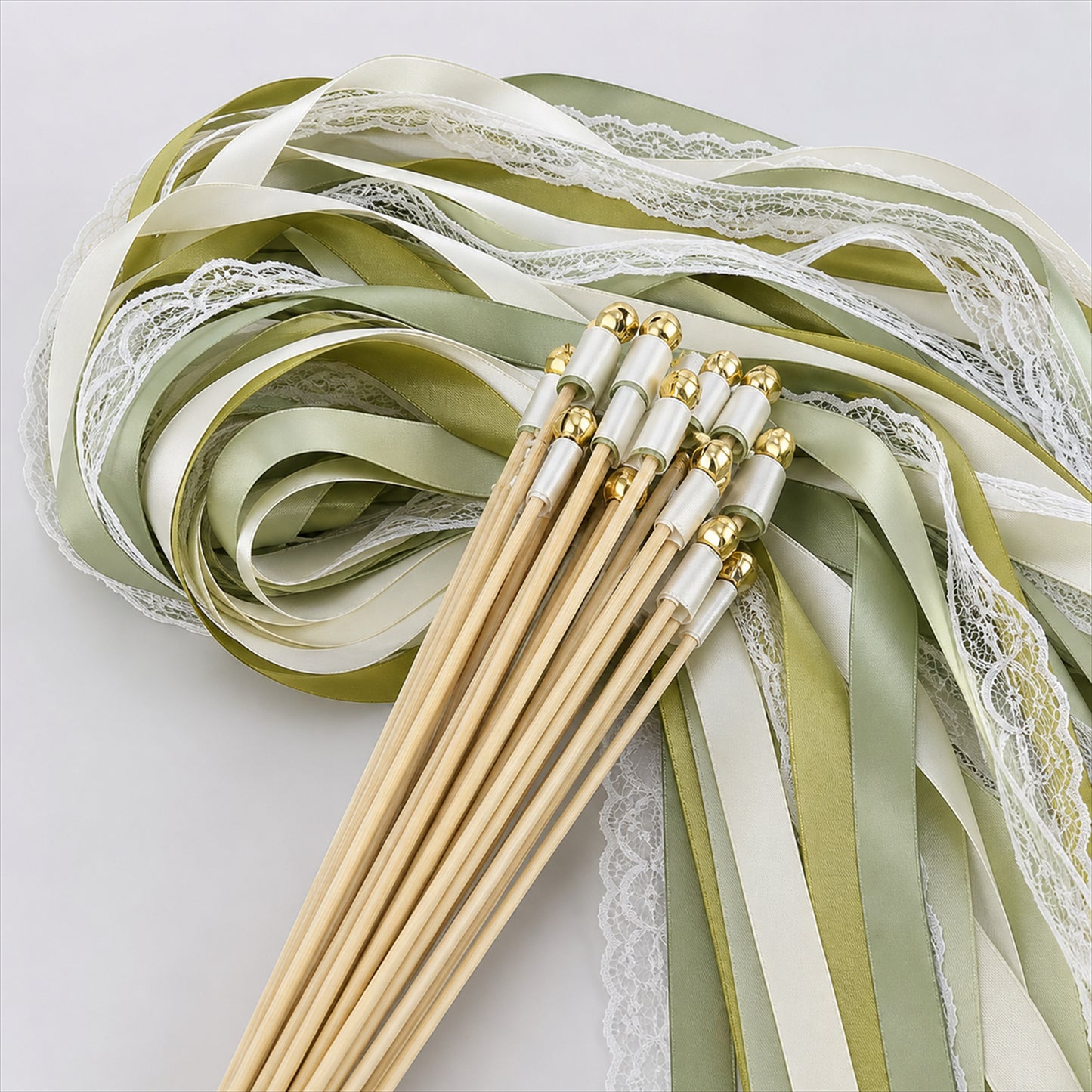 Handmade Olive, Sage, Ivory & White Satin & Lace Ribbon Wedding Wands with Bell